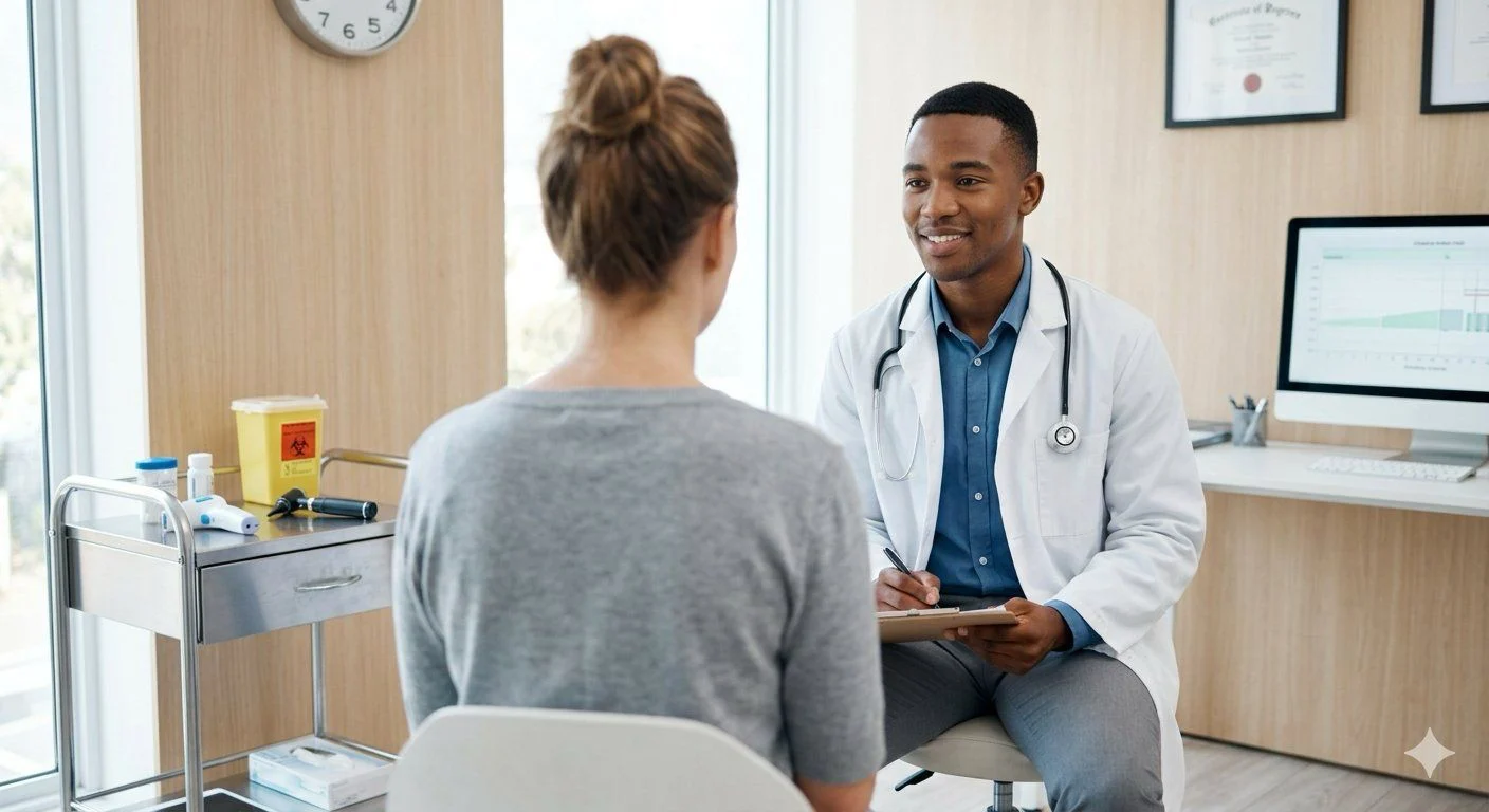 Illustrative photo of a warm, welcoming in-person care conversation