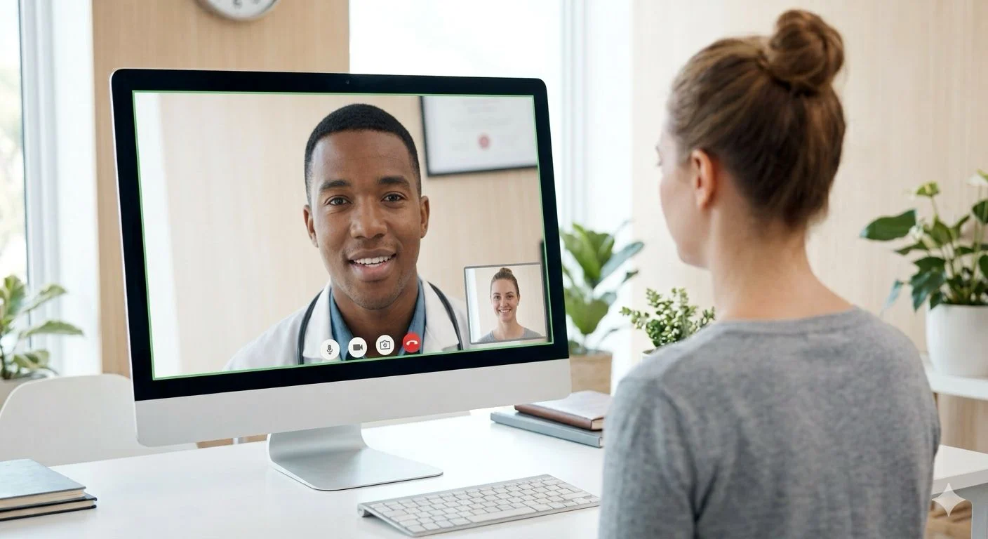 Illustrative photo of an adult joining a private telehealth visit